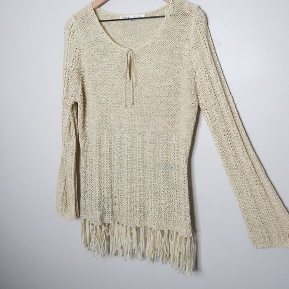 Max Studio Womens Knit Top 2X Beige Cream Keyhole Boho Fringe Resort Festival - Picture 7 of 12